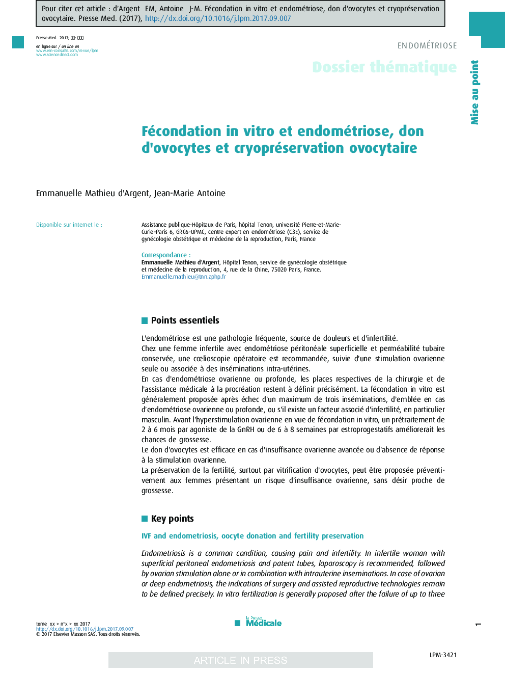 Fécondation in vitro et endométriose, don d'ovocytes et cryopréservation ovocytaire
