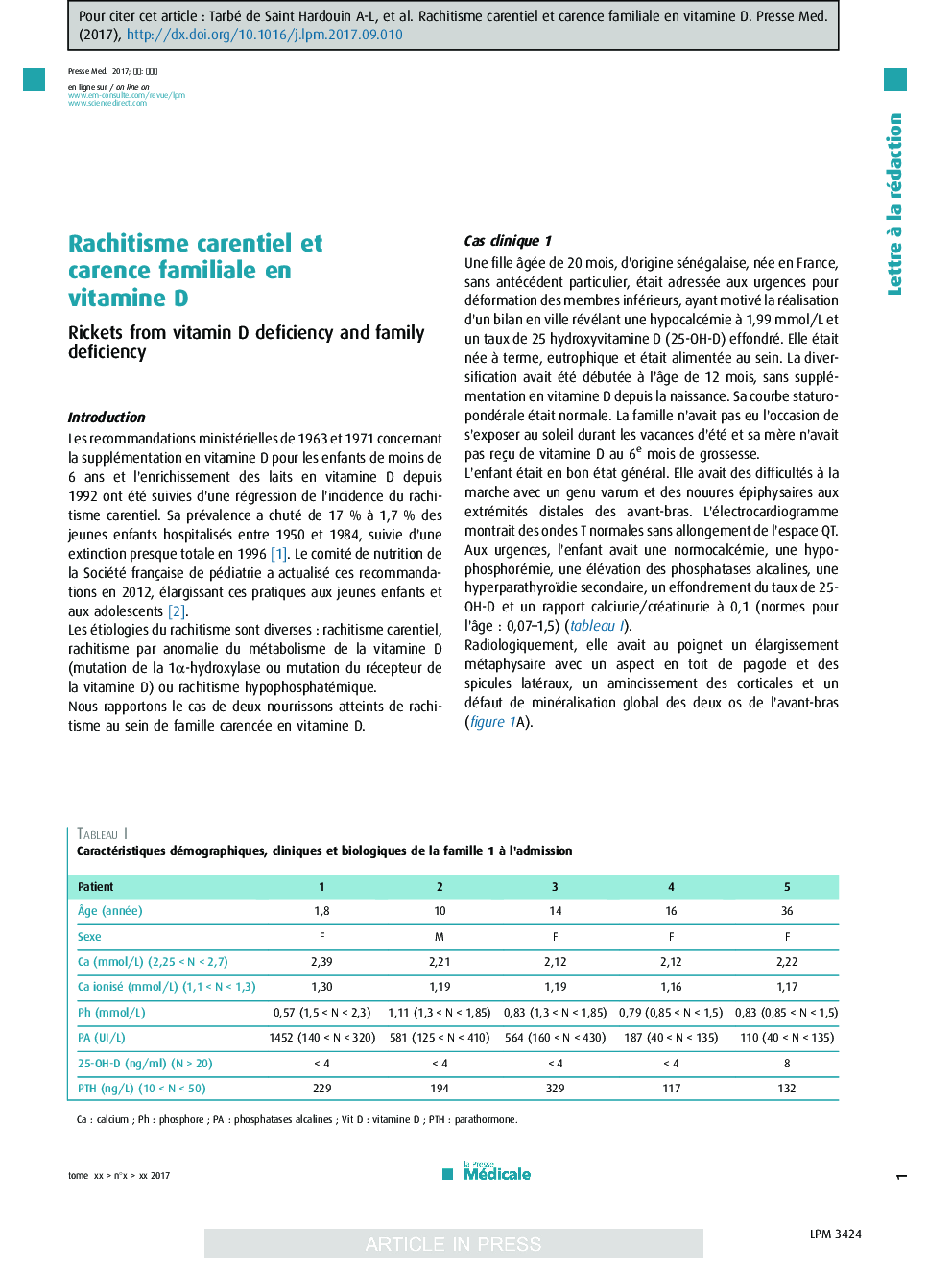 Rachitisme carentiel et carence familiale en vitamine D
