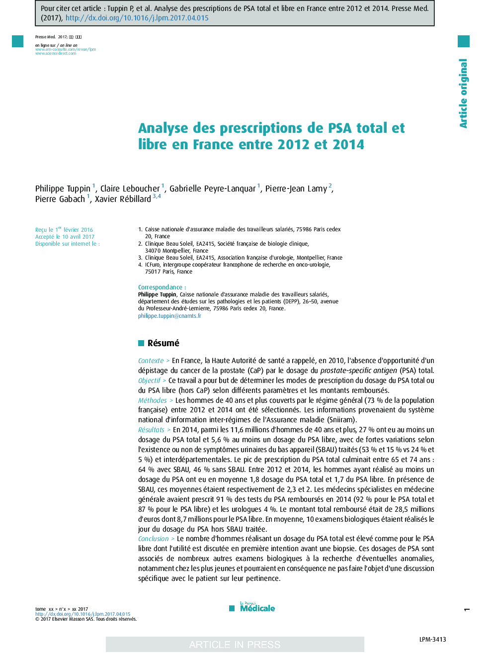Analyse des prescriptions de PSA total et libre en France entre 2012Â et 2014