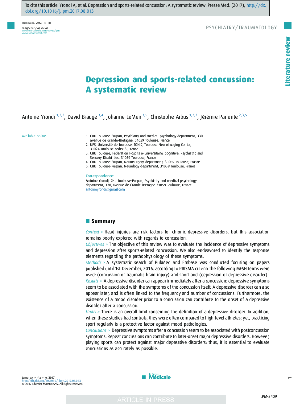 Depression and sports-related concussion: A systematic review
