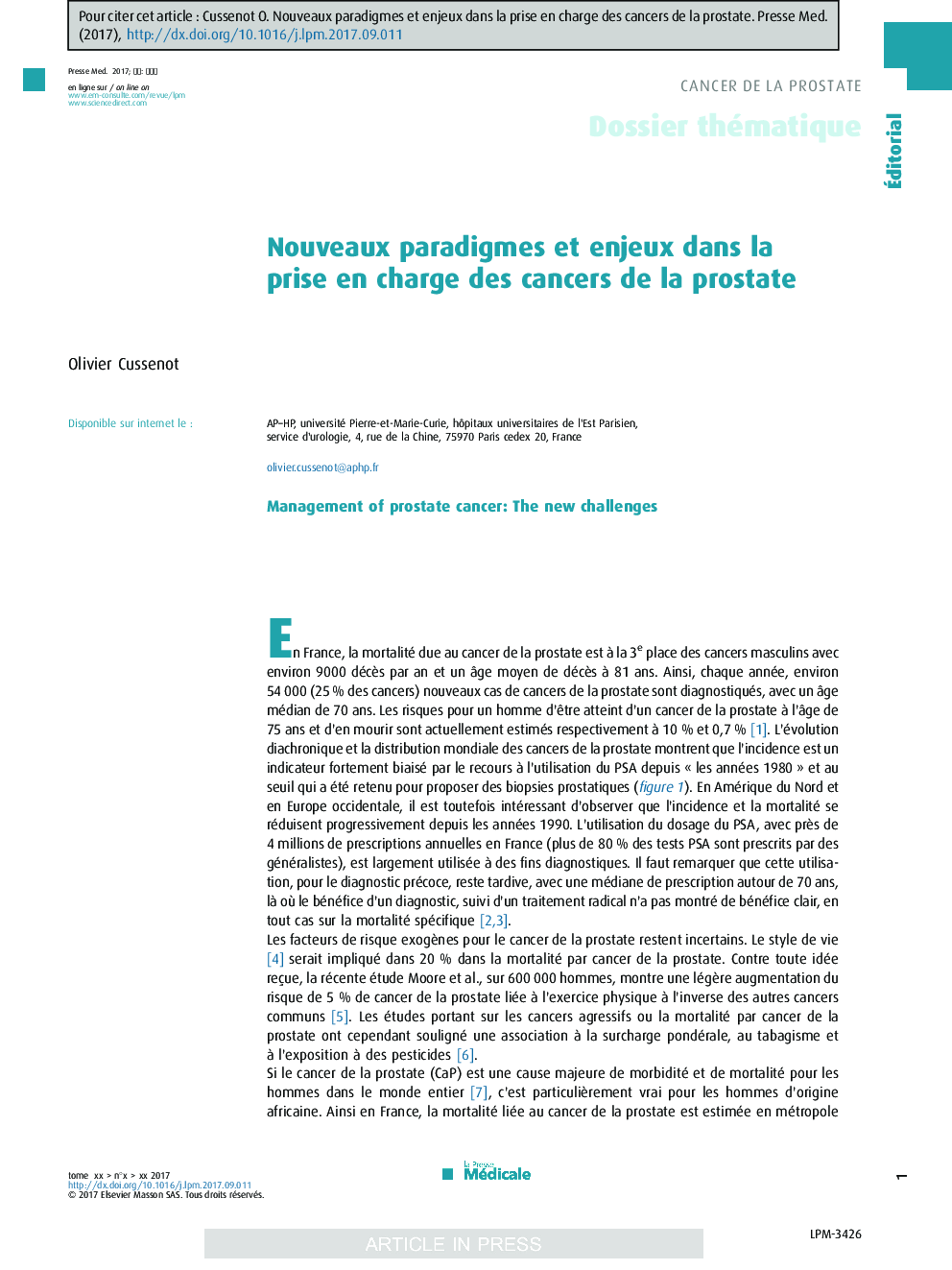 Nouveaux paradigmes et enjeux dans la prise en charge des cancers de la prostate