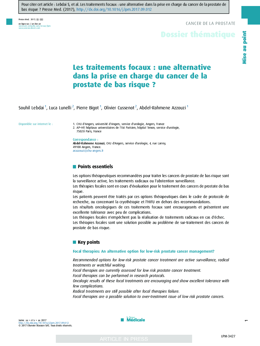 Les traitements focauxÂ : une alternative dans la prise en charge du cancer de la prostate de bas risqueÂ ?