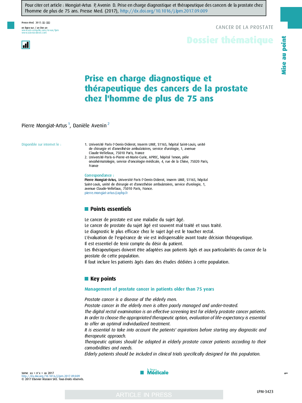 Prise en charge diagnostique et thérapeutique des cancers de la prostate chez l'homme de plus de 75Â ans