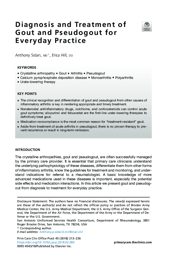 Diagnosis and Treatment of Gout and Pseudogout for Everyday Practice