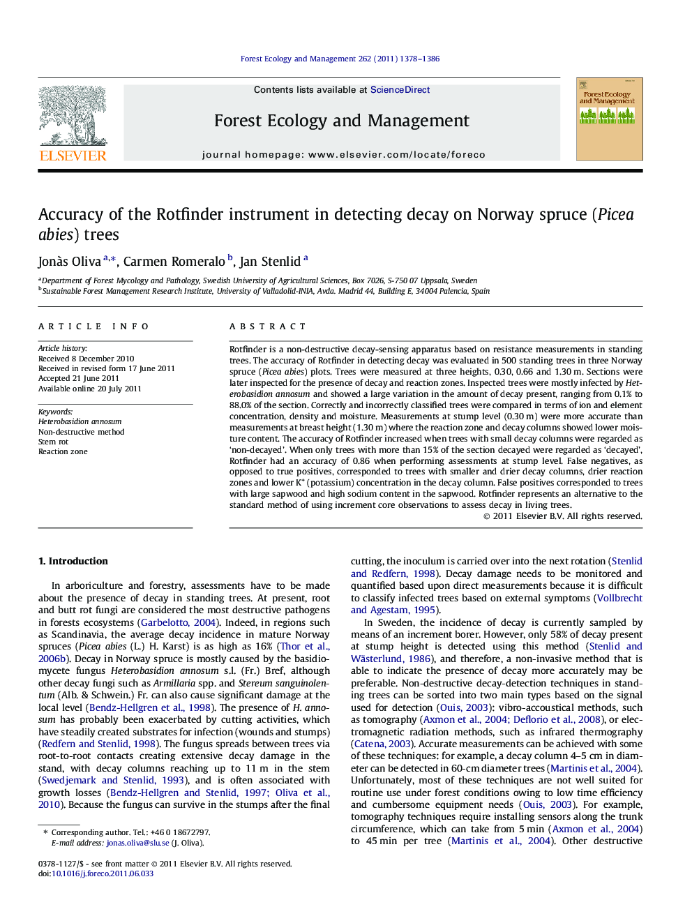 Accuracy of the Rotfinder instrument in detecting decay on Norway spruce (Picea abies) trees