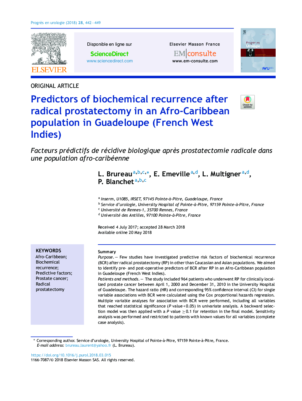 پیش بینی های عود بیوشیمیایی پس از پروستاتکتومی رادیکال در جمعیت آفریقایی-کارائیب در گوادلوپ (غرب اندی فرانسوی) 