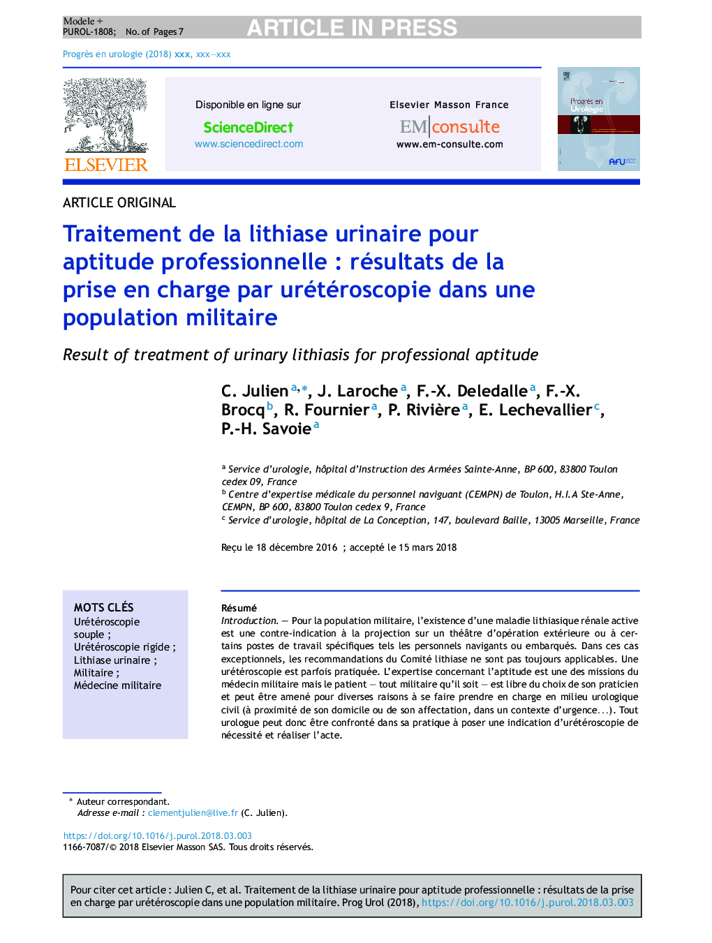 Traitement de la lithiase urinaire pour aptitude professionnelleÂ : résultats de la prise en charge par urétéroscopie dans une population militaire