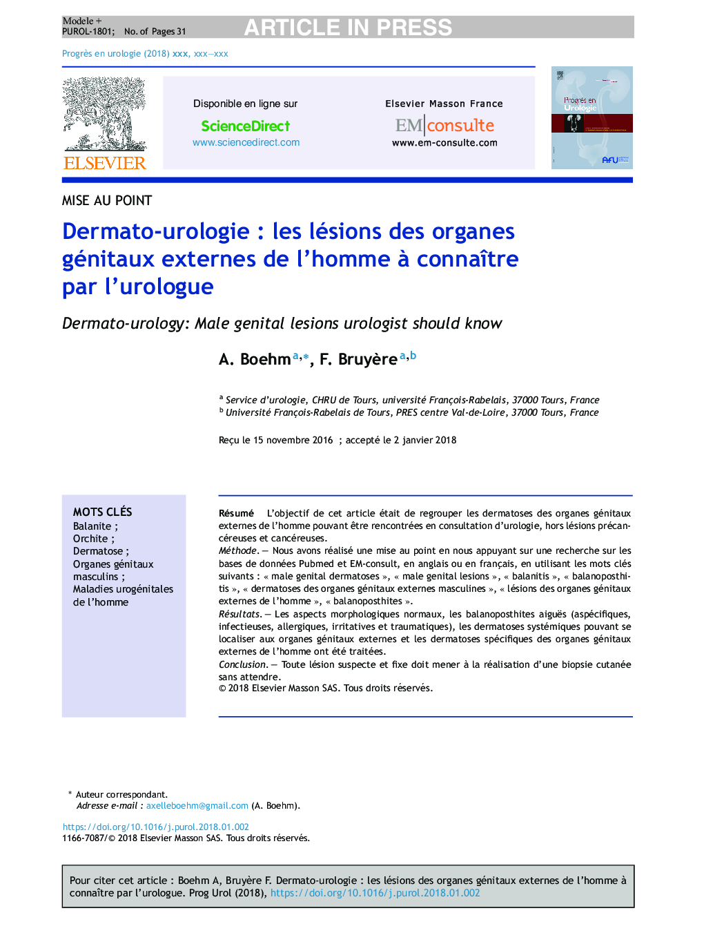 Dermato-urologieÂ : les lésions des organes génitaux externes de l'homme Ã  connaÃ®tre par l'urologue