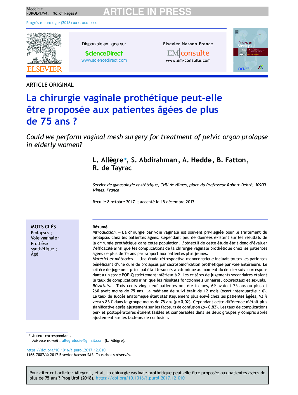 La chirurgie vaginale prothétique peut-elle Ãªtre proposée aux patientes Ã¢gées de plus de 75Â ansÂ ?