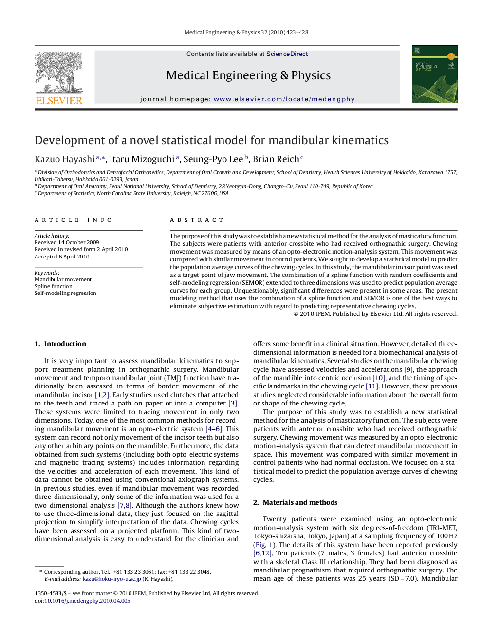 Development of a novel statistical model for mandibular kinematics