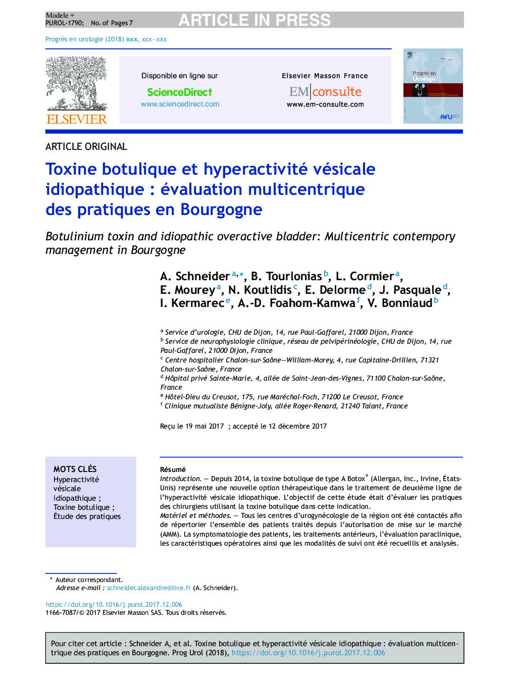 Toxine botulique et hyperactivité vésicale idiopathiqueÂ : évaluation multicentrique des pratiques en Bourgogne