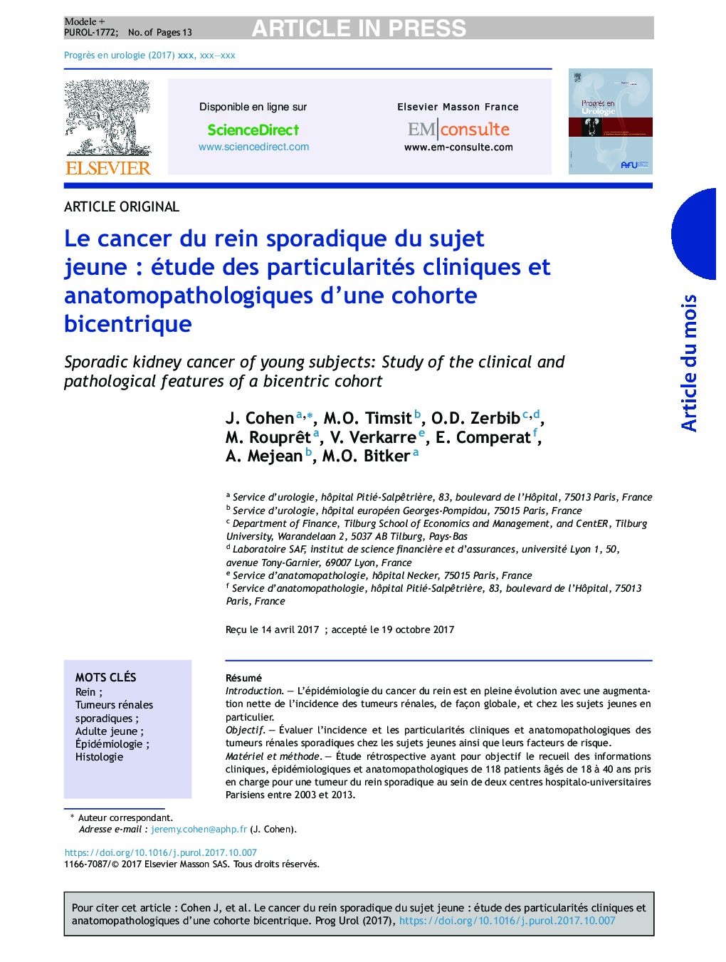 Le cancer du rein sporadique du sujet jeuneÂ : étude des particularités cliniques et anatomopathologiques d'une cohorte bicentrique