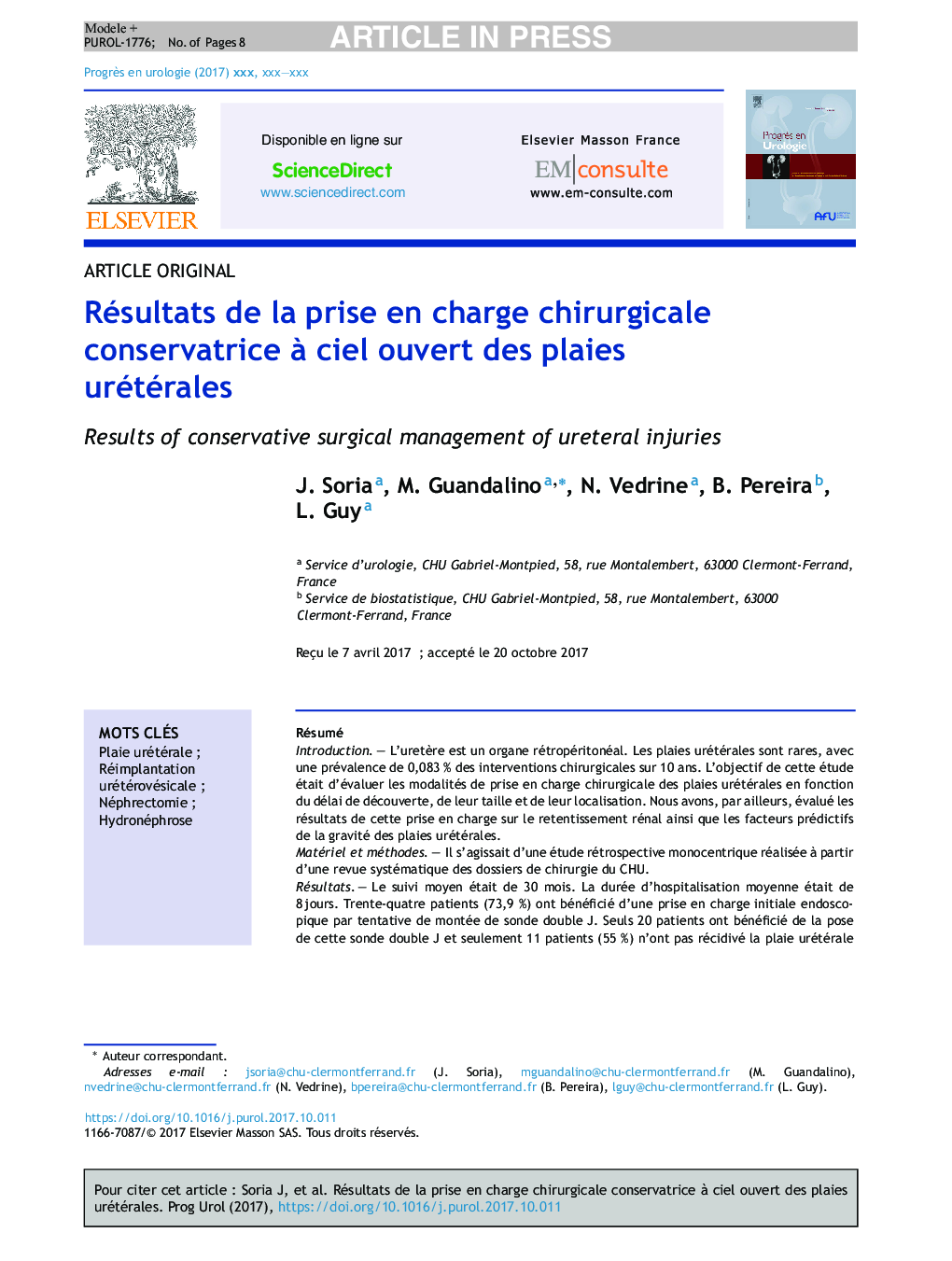 Résultats de la prise en charge chirurgicale conservatrice Ã  ciel ouvert des plaies urétérales