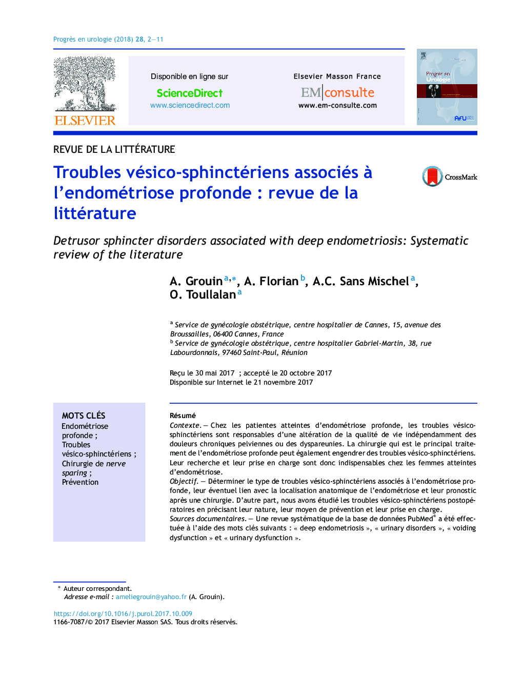 Troubles vésico-sphinctériens associés Ã  l'endométriose profondeÂ : revue de la littérature