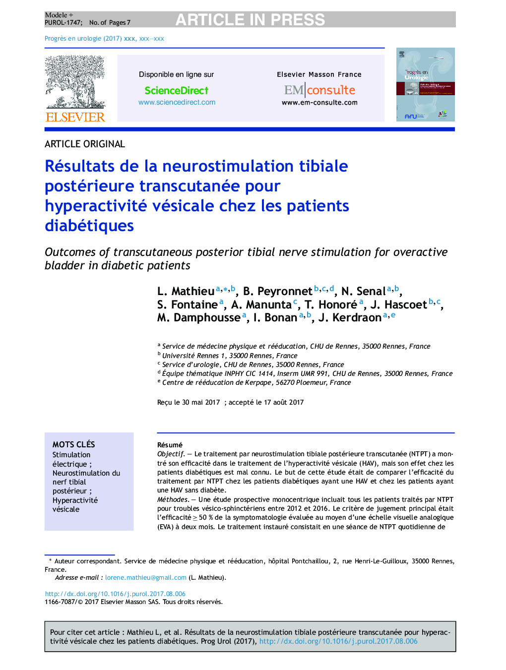 Résultats de la neurostimulation tibiale postérieure transcutanée pour hyperactivité vésicale chez les patients diabétiques