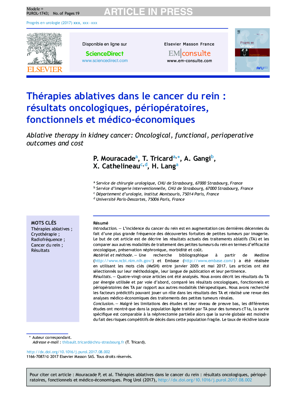 Thérapies ablatives dans le cancer du reinÂ : résultats oncologiques, périopératoires, fonctionnels et médico-économiques