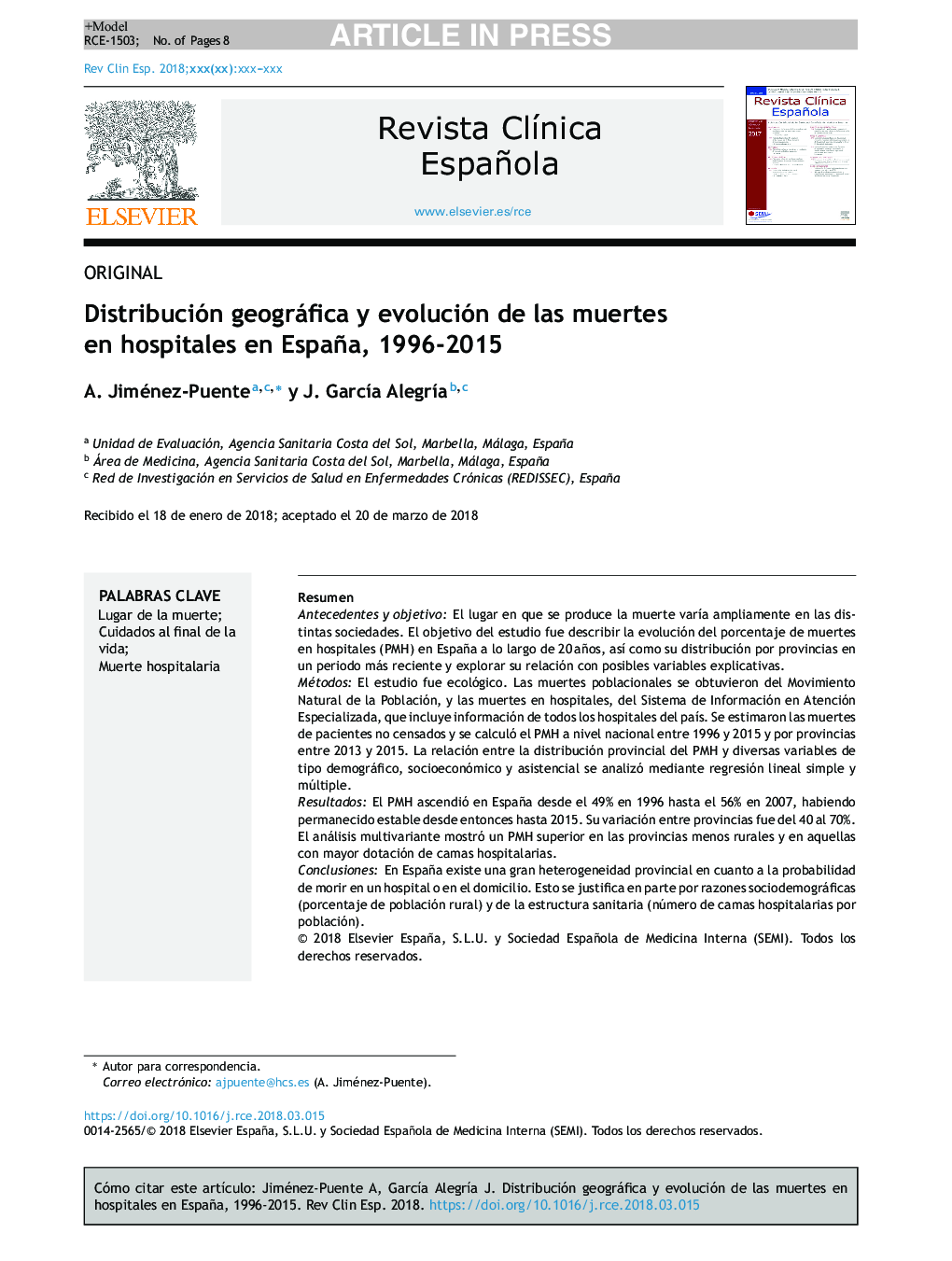Distribución geográfica y evolución de las muertes en hospitales en España, 1996-2015