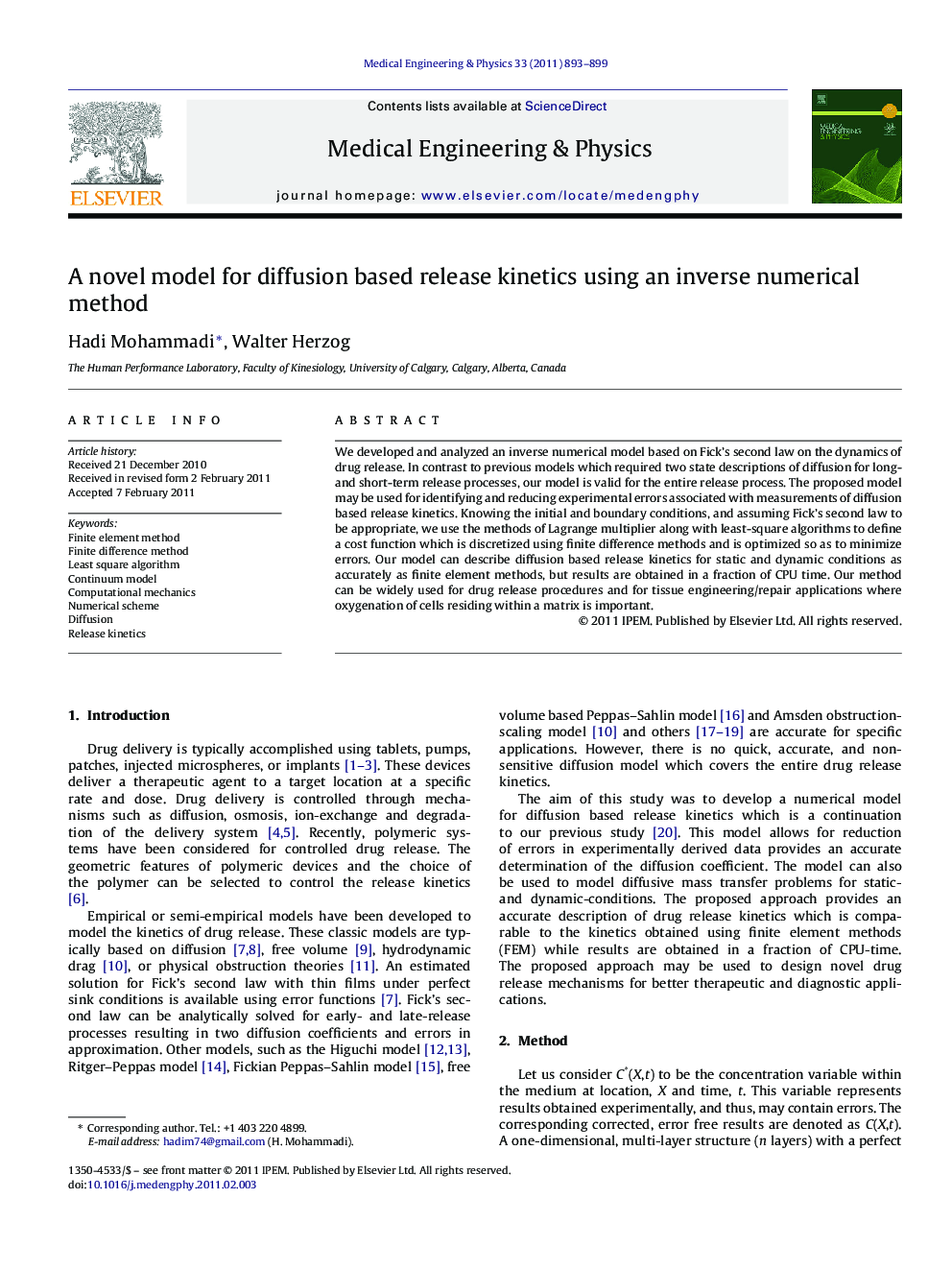 A novel model for diffusion based release kinetics using an inverse numerical method