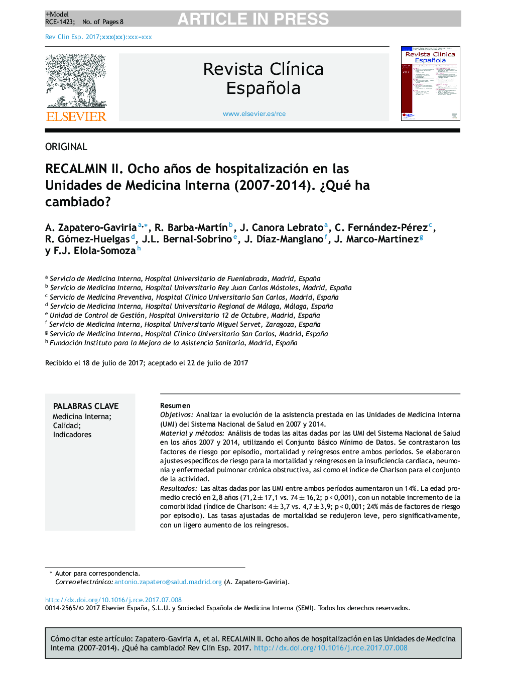 RECALMIN II. Ocho años de hospitalización en las Unidades de Medicina Interna (2007-2014). Â¿Qué ha cambiado?