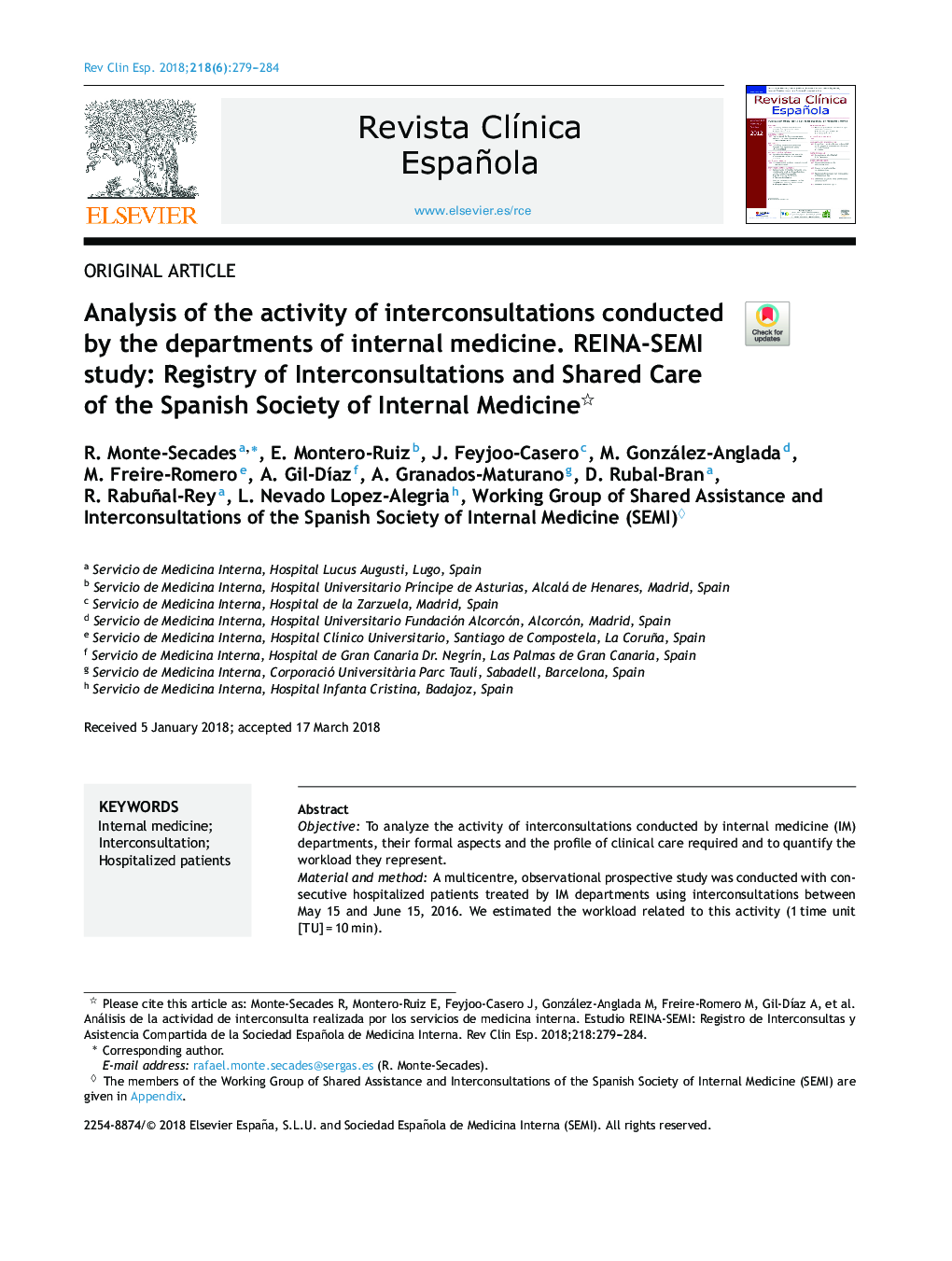 Analysis of the activity of interconsultations conducted by the departments of internal medicine. REINA-SEMI study: Registry of Interconsultations and Shared Care of the Spanish Society of Internal Medicine