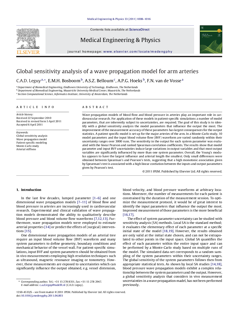 Global sensitivity analysis of a wave propagation model for arm arteries