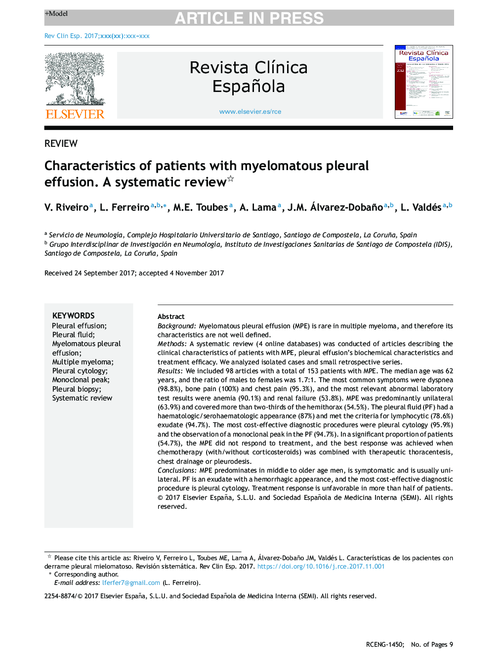ویژگیهای بیماران مبتلا به پلورال افیوژن میلوماتوز بررسی سیستماتیک 
