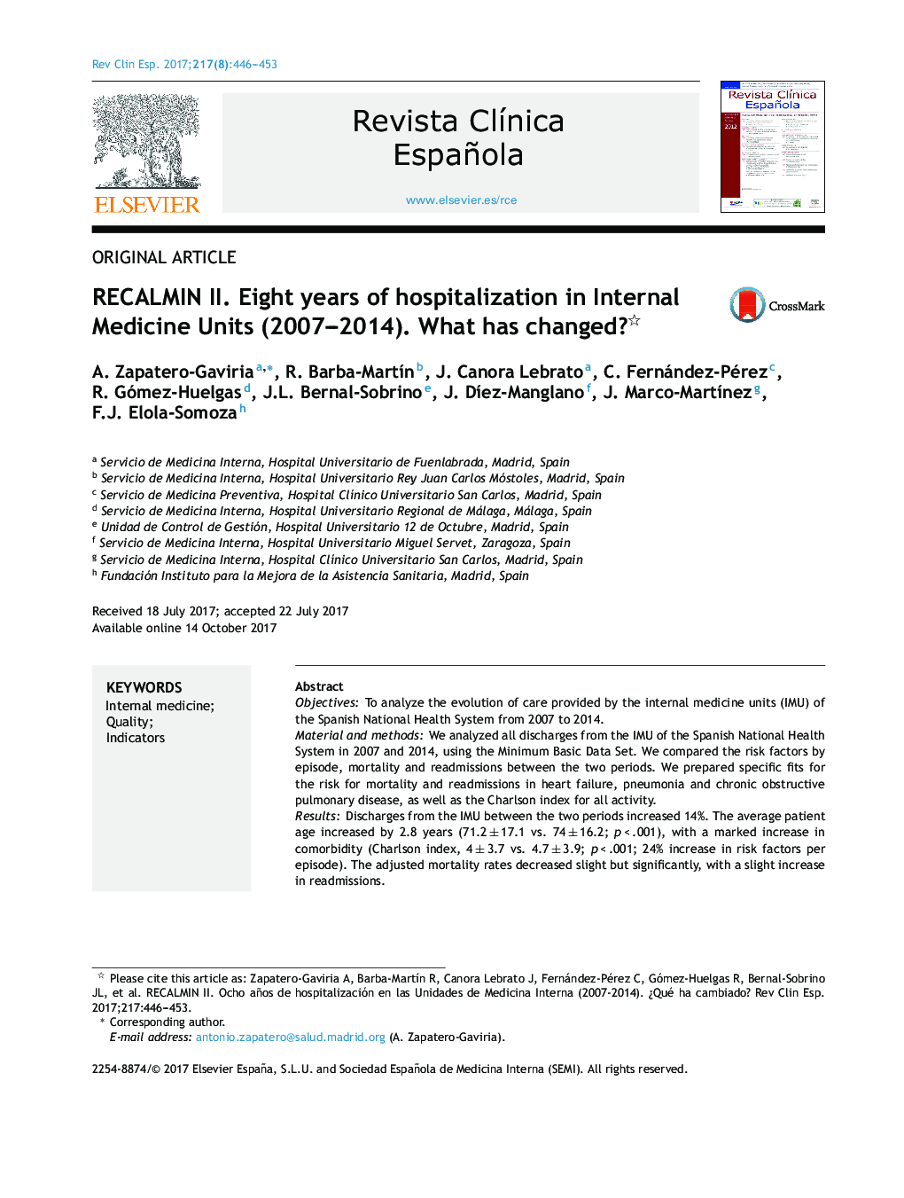 RECALMIN II. Eight years of hospitalization in Internal Medicine Units (2007-2014). What has changed?