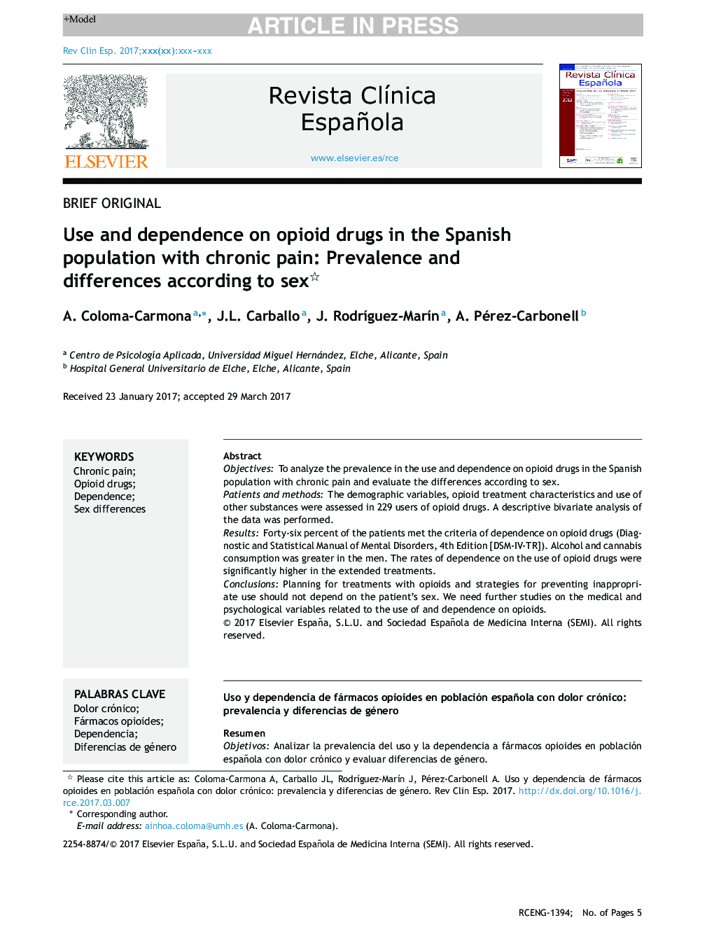 استفاده و وابستگی به مواد مخدر در جمعیت اسپانیایی با درد مزمن: شیوع و تفاوت طبق جنس 