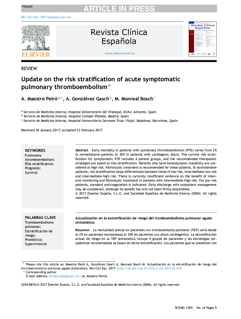 Update on the risk stratification of acute symptomatic pulmonary thromboembolism