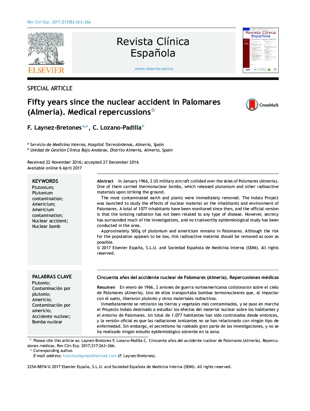 Fifty years since the nuclear accident in Palomares (Almeria). Medical repercussions