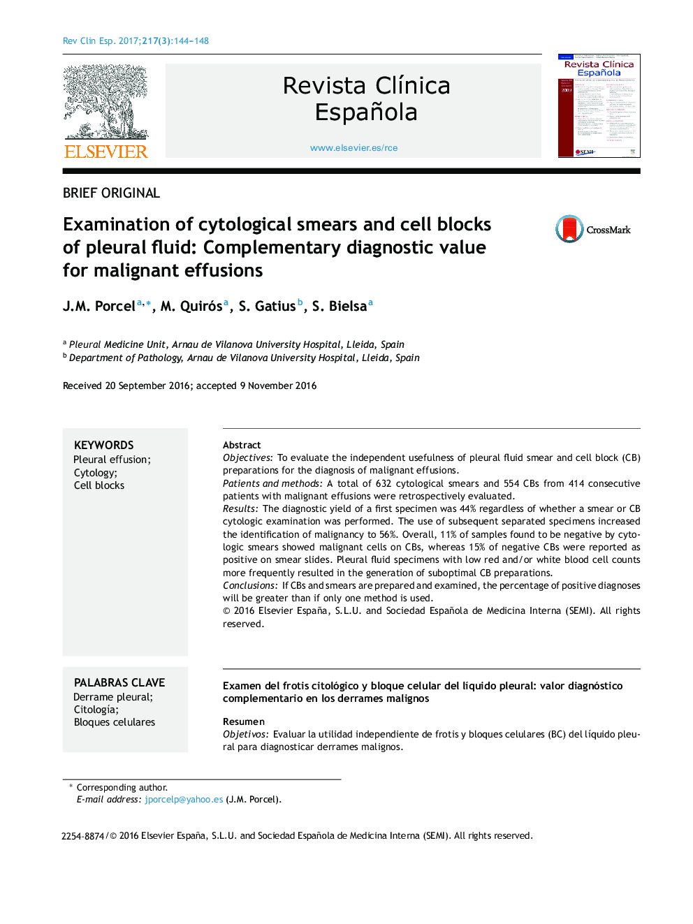 Examination of cytological smears and cell blocks of pleural fluid: Complementary diagnostic value for malignant effusions