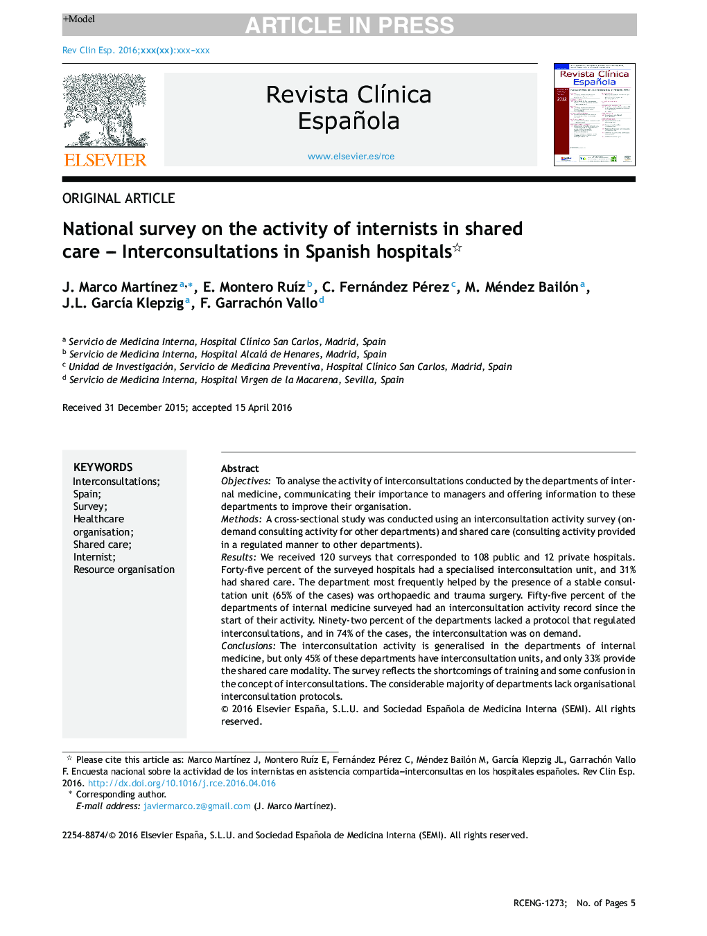 National survey on the activity of internists in shared care - Interconsultations in Spanish hospitals