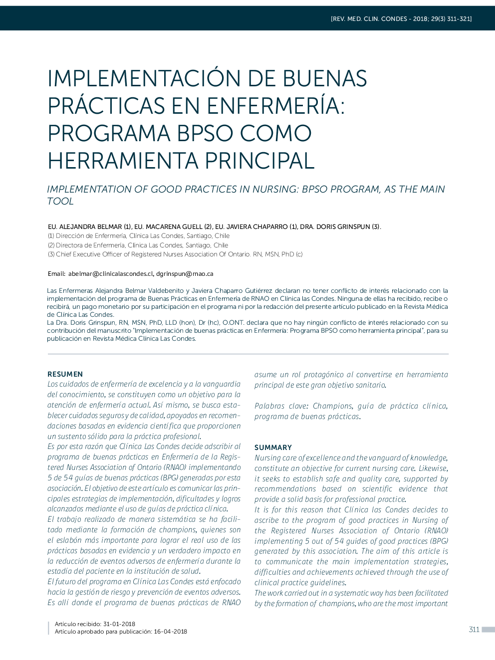 IMPLEMENTACIÃN DE BUENAS PRÁCTICAS EN ENFERMERÍA: PROGRAMA BPSO COMO HERRAMIENTA PRINCIPAL