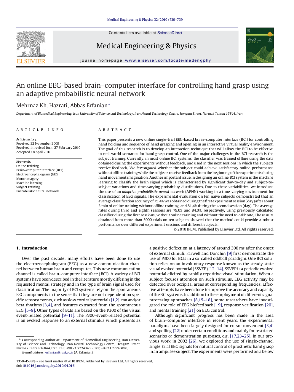 An online EEG-based brain–computer interface for controlling hand grasp using an adaptive probabilistic neural network