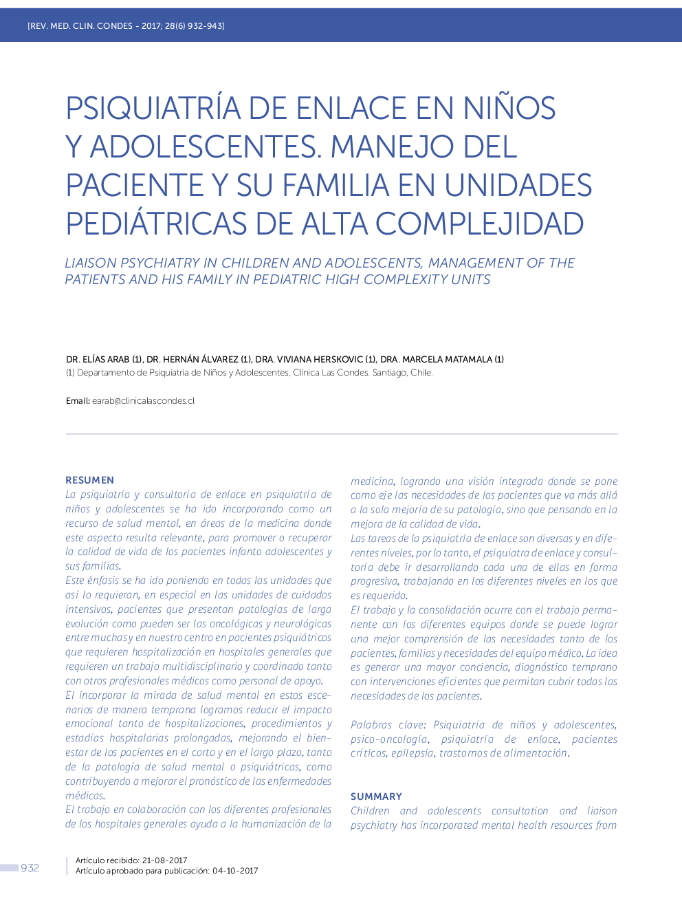 PSIQUIATRÍA DE ENLACE EN NIÃOS Y ADOLESCENTES. MANEJO DEL PACIENTE Y SU FAMILIA EN UNIDADES PEDIÁTRICAS DE ALTA COMPLEJIDAD