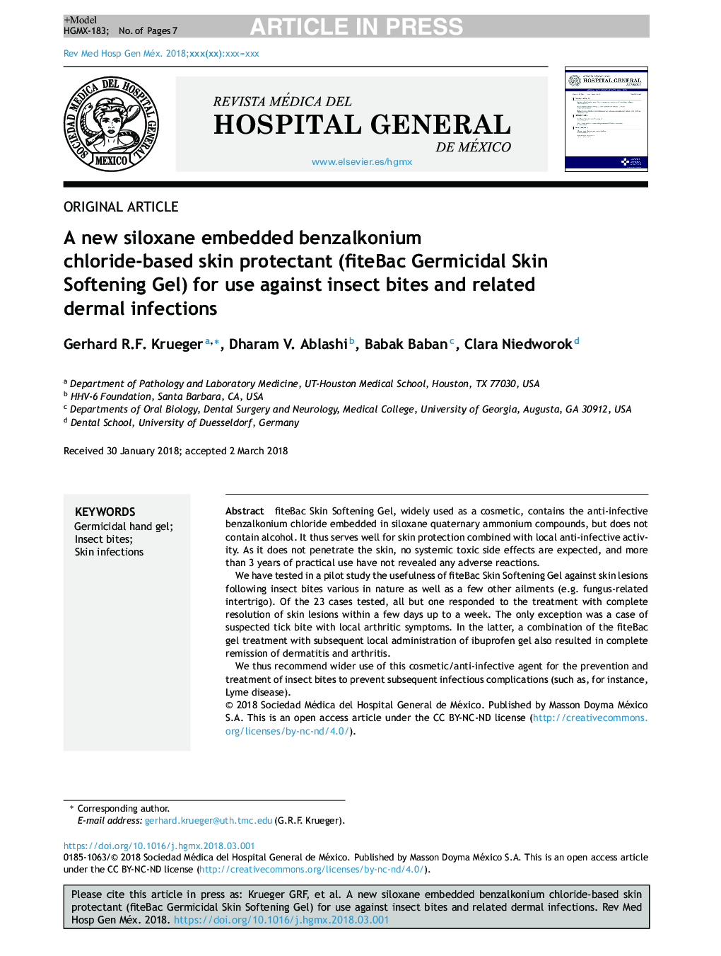 A new siloxane embedded benzalkonium chloride-based skin protectant (fiteBac Germicidal Skin Softening Gel) for use against insect bites and related dermal infections