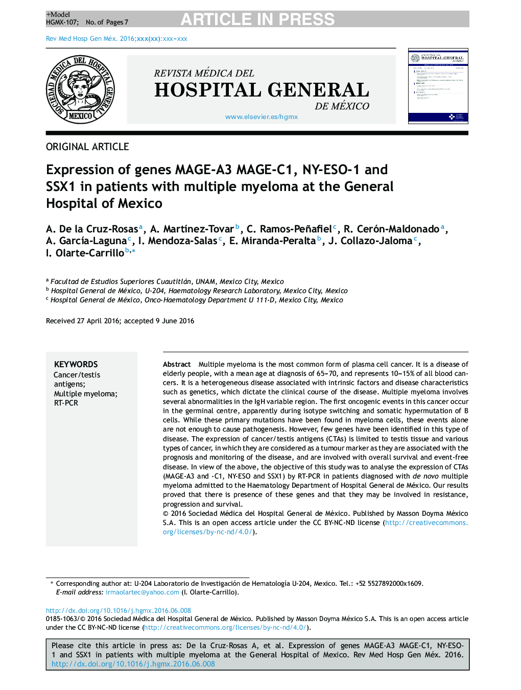 Expression of genes MAGE-A3 MAGE-C1, NY-ESO-1 and SSX1 in patients with multiple myeloma at the General Hospital of Mexico