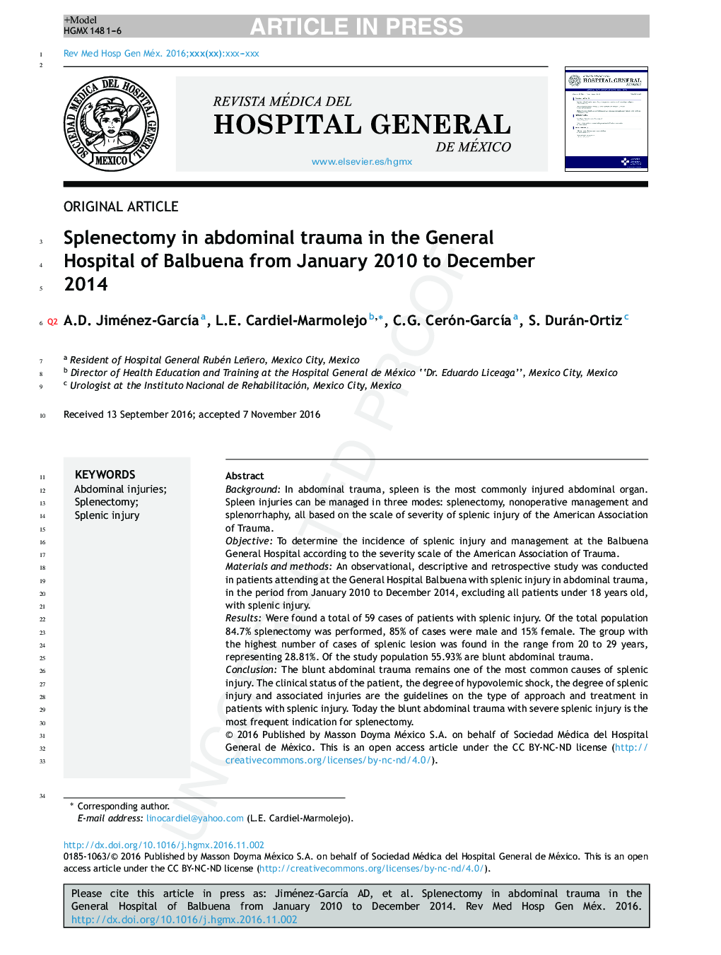 Splenectomy in abdominal trauma in the General Hospital of Balbuena from January 2010 to December 2014