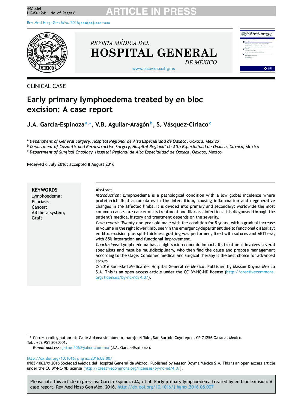 Early primary lymphoedema treated by en bloc excision: A case report