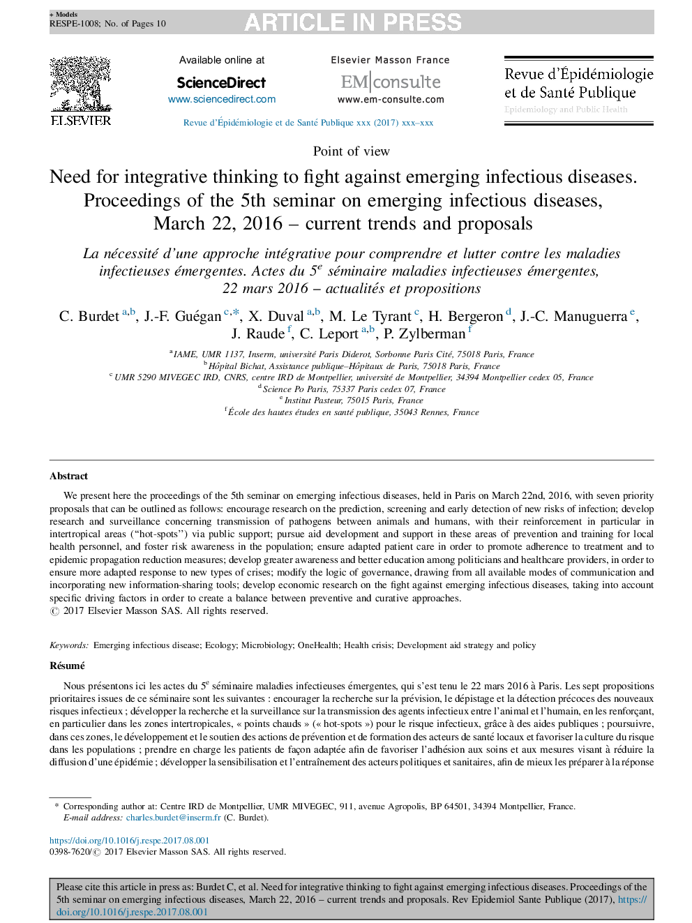 Need for integrative thinking to fight against emerging infectious diseases. Proceedings of the 5th seminar on emerging infectious diseases, March 22, 2016 -Â current trends and proposals