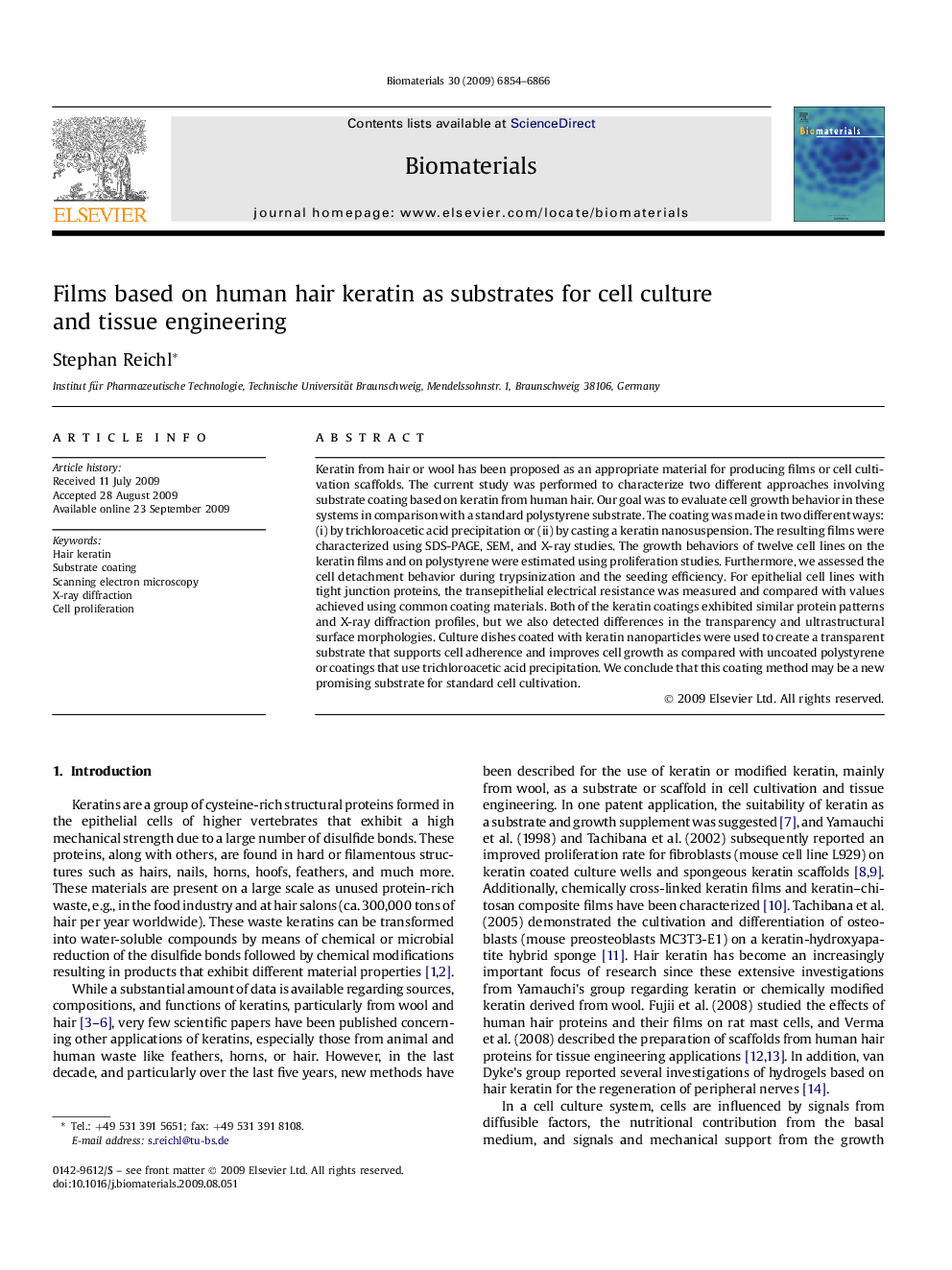 Films based on human hair keratin as substrates for cell culture and tissue engineering