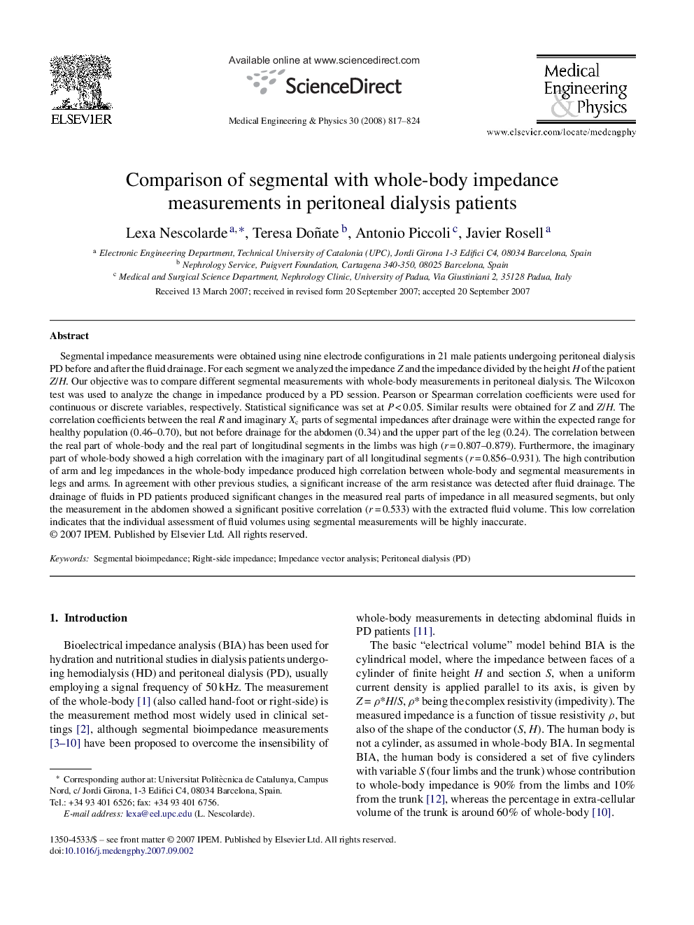 Comparison of segmental with whole-body impedance measurements in peritoneal dialysis patients