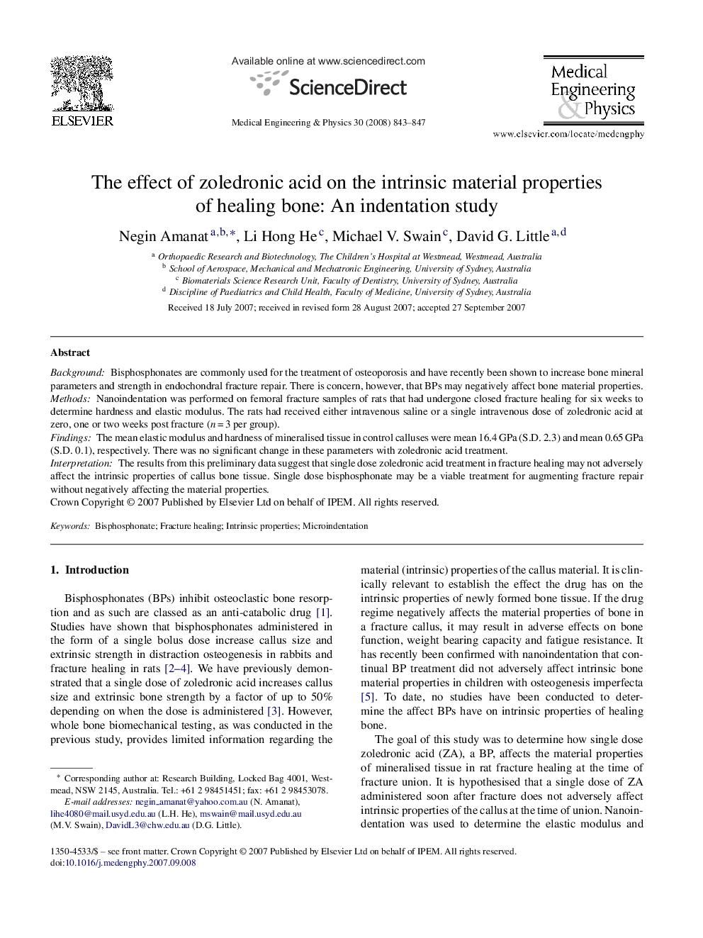 The effect of zoledronic acid on the intrinsic material properties of healing bone: An indentation study