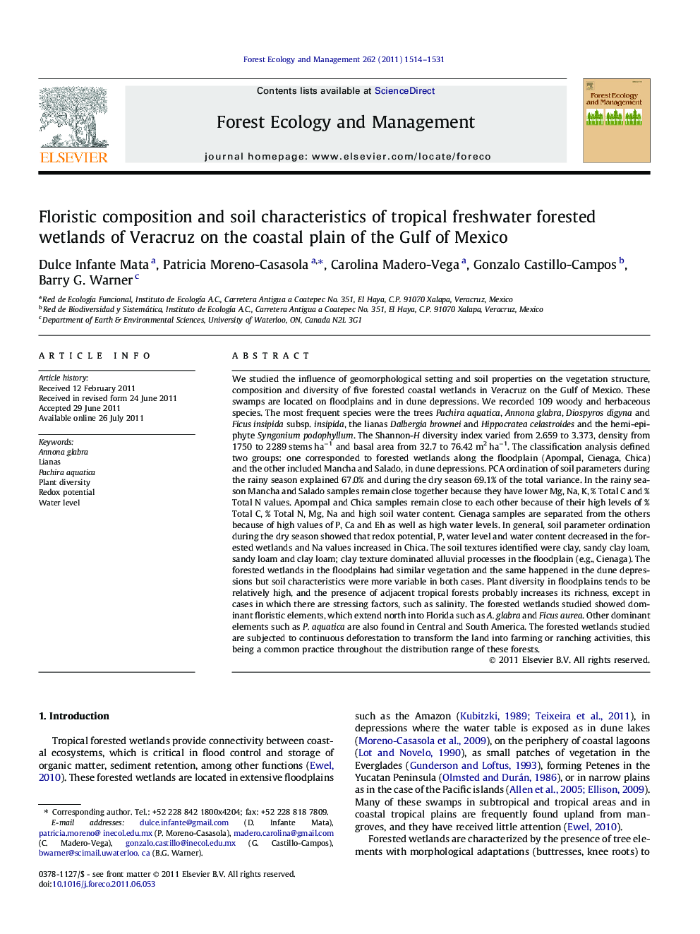 Floristic composition and soil characteristics of tropical freshwater forested wetlands of Veracruz on the coastal plain of the Gulf of Mexico