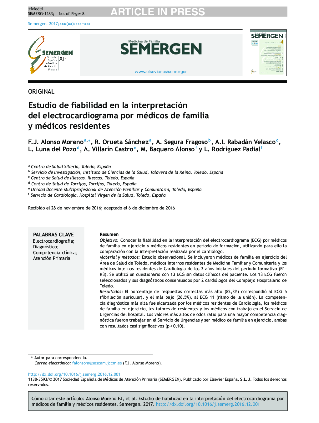 Estudio de fiabilidad en la interpretación del electrocardiograma por médicos de familia y médicos residentes