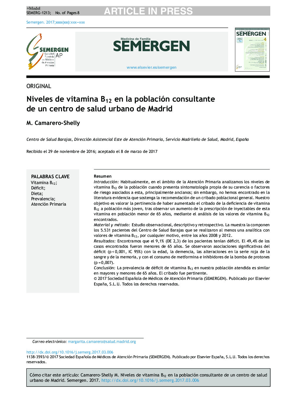 Niveles de vitamina B12 en la población consultante de un centro de salud urbano de Madrid