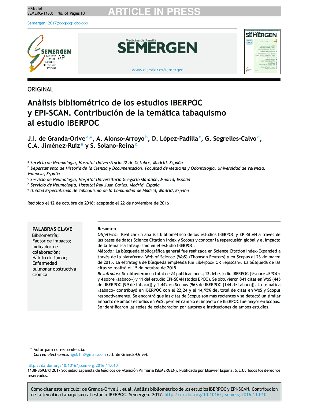 Análisis bibliométrico de los estudios IBERPOC y EPI-SCAN. Contribución de la temática tabaquismo al estudio IBERPOC