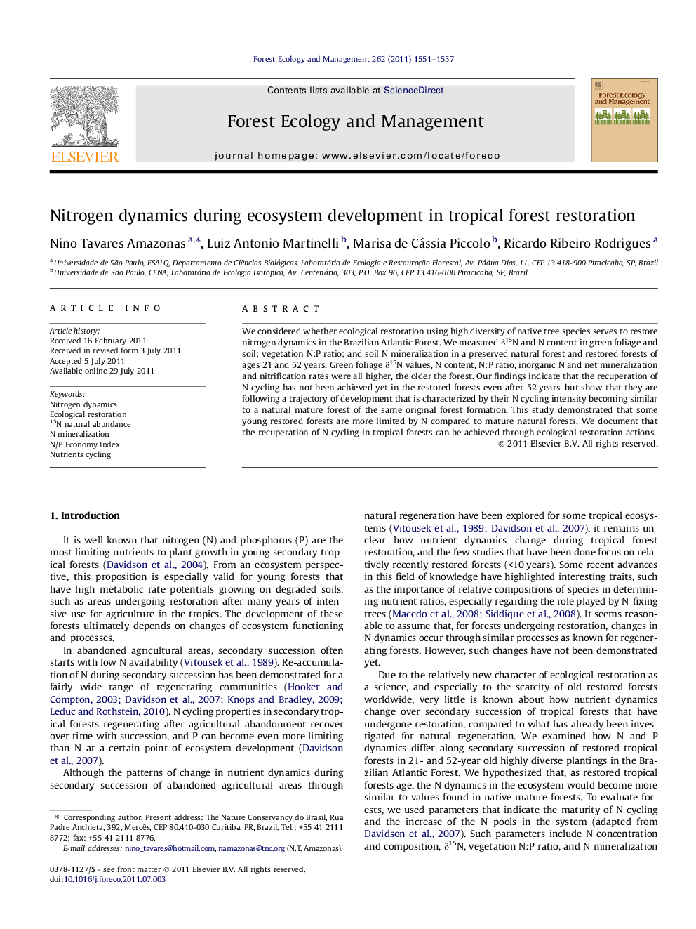 Nitrogen dynamics during ecosystem development in tropical forest restoration