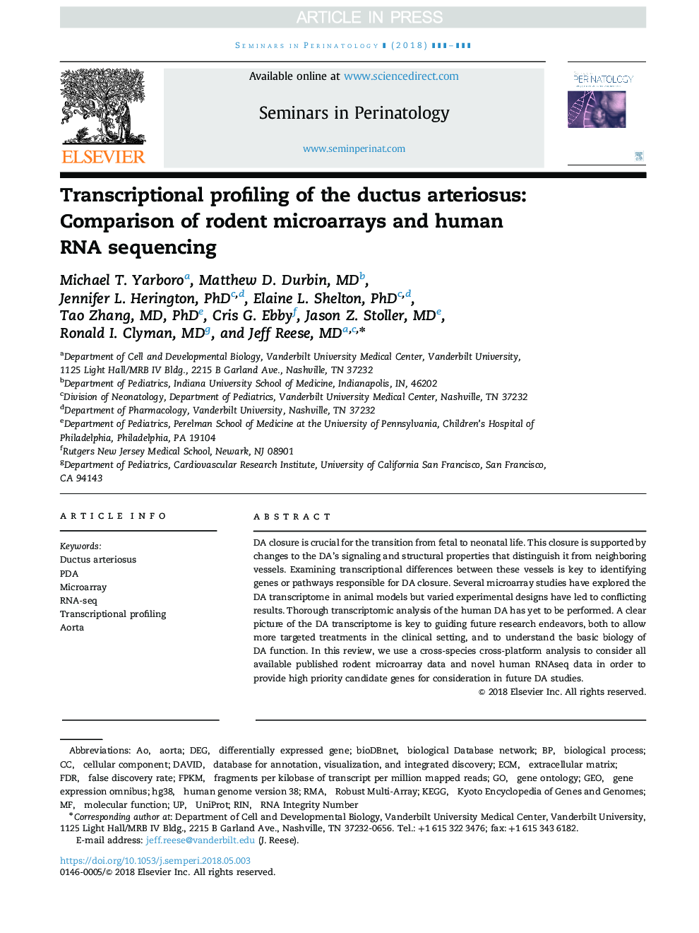 Transcriptional profiling of the ductus arteriosus: Comparison of rodent microarrays and human RNA sequencing