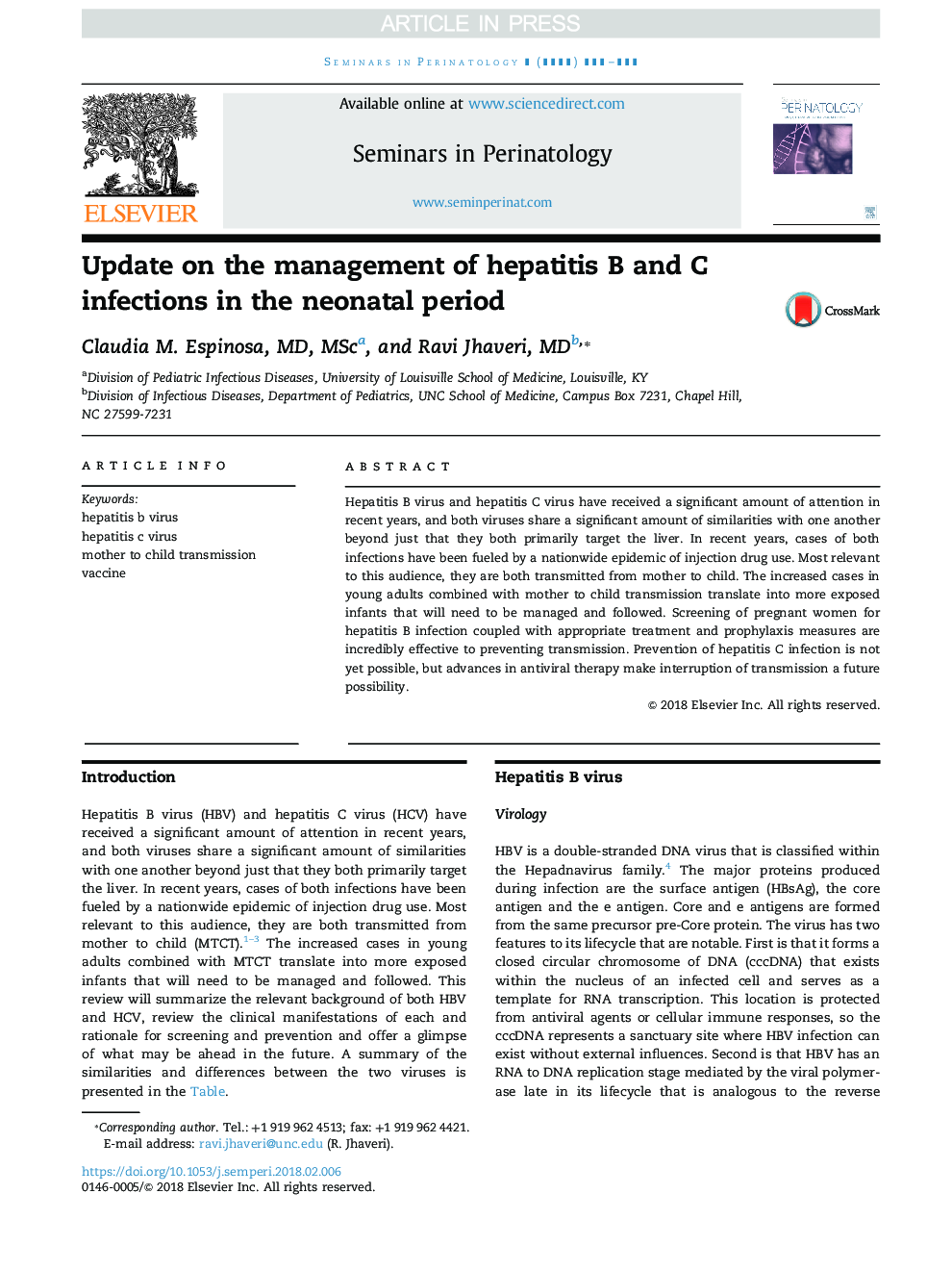 Update on the management of hepatitis B and C infections in the neonatal period